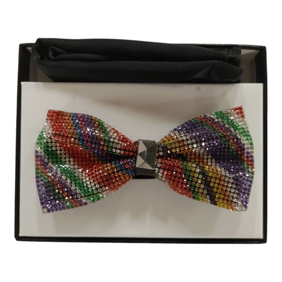 MEN'S MULTI-COLOR GLITTER RHINESTONE  BOW TIE & POCKET SQUARE BY EJ SAMUEL SBT61 - Picture 1 of 3